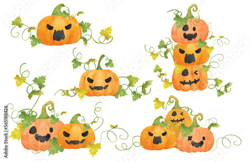 group of orange pumpkins watercolor with leaves and vine collection hand drawn illustration vector