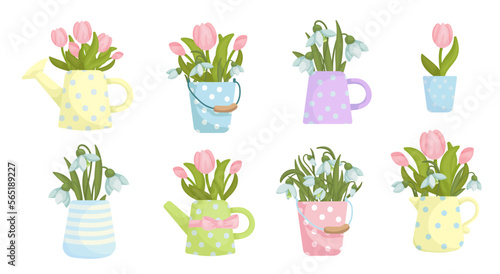 Set of vintage vases with spring bouquets of tulips and snowdrops.Vector graphics.