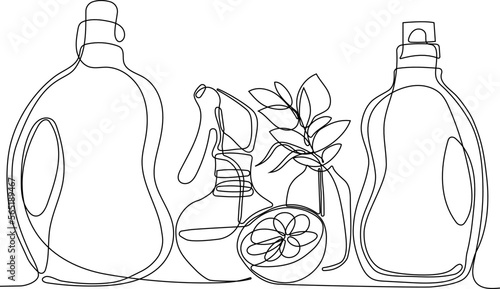 Obraz na płótnie Continuous one line drawing of bottles for liquid laundry detergent, bleach, fabric softener, dishwashing liquid or another cleaning agent. Easy to place your text and brand logo. Vector illustration w salonie