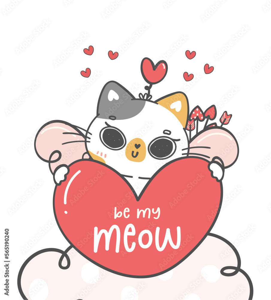 Adorable Cat Cupid with Arrows , kawaii Love-Themed Cartoon Character doodle hand drawing