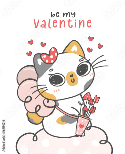 Cute Valentine cat with love letter envelope,  kawaii animal cartoon character doodle hand drawing