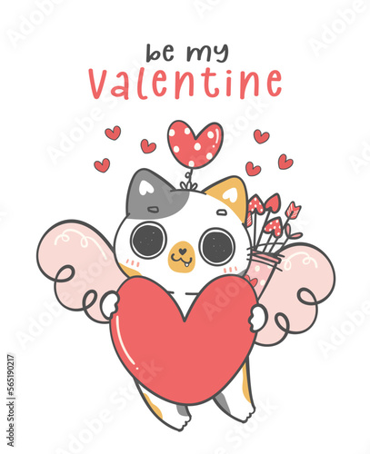 Cute Valentine cat with love letter envelope,  kawaii animal cartoon character doodle hand drawing