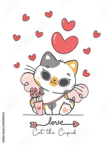 Adorable Cat Cupid with Arrows , kawaii Love-Themed Cartoon Character doodle hand drawing