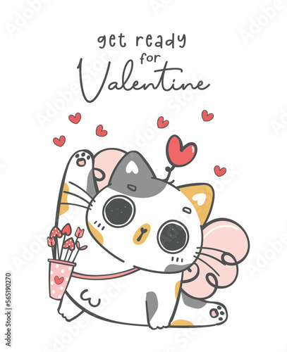 Adorable Cat Cupid with Arrows , kawaii Love-Themed Cartoon Character doodle hand drawing