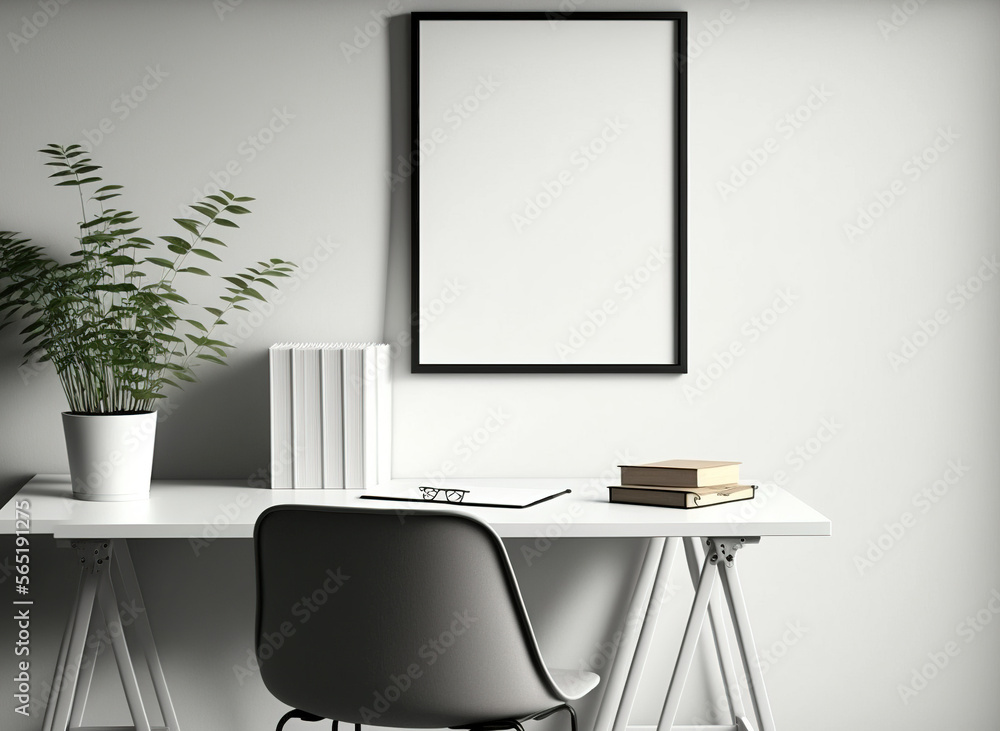 One Vertical Dark Brown Blank Picture Frame Mockup on The Wall, Modern Minimallist White Office Room - Generative AI One Vertical Dark Brown Blank Picture Frame Mockup on The Wall, Modern Minimallist White Office Room - Generative AI