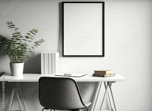 One Vertical Dark Brown Blank Picture Frame Mockup on The Wall  Modern Minimallist White Office Room - Generative AI 