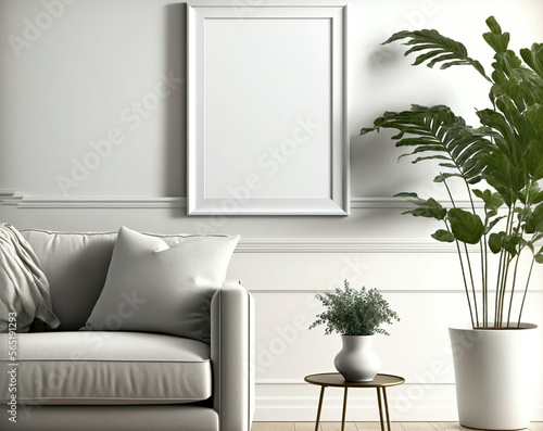 One Vertial White Blank Picture Frame Mockup on The Wall, Modern Minimallist White Living Room - Generative AI  photo