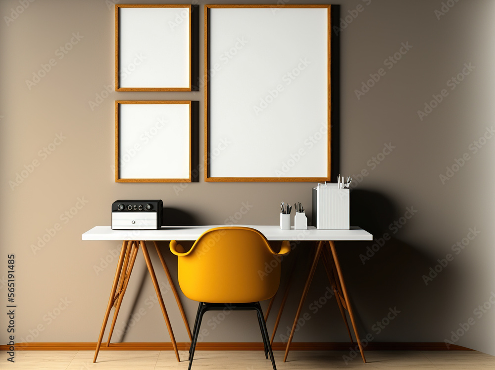 Three Blank Picture Frame Mockup on The Wall, Mid Century Office Room - Generative AI Three Blank Picture Frame Mockup on The Wall, Mid Century Office Room - Generative AI