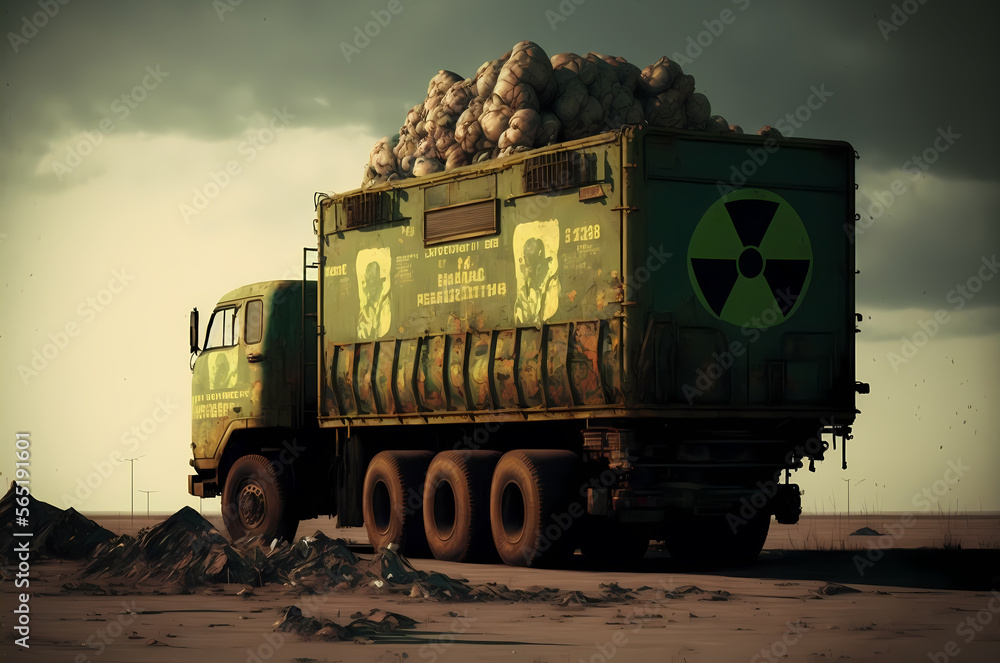 Yellow truck for transportation radiation waste. Concept soil of Earth and water ocean radioactive pollution. Generation AI