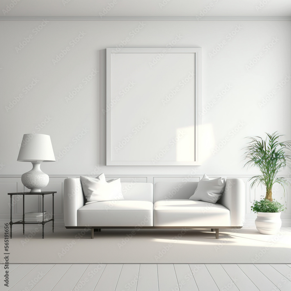 Blank Picture Frame Mockup on White Wall, Modern White Living Room - Generative AI Blank Picture Frame Mockup on White Wall, Modern White Living Room - Generative AI