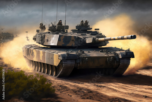 Illustration of advanced battle tank m1 abrams advancing on a dirty road. Military aid to Ukraine army, European plan to supply Ukraine with tanks. Ukraine-Russia war crisis.  Generative AI.