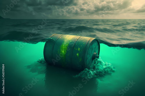 Yellow barrels for radiation hazard waste drift on ocean. Concept water radioactive pollution. Generation AI