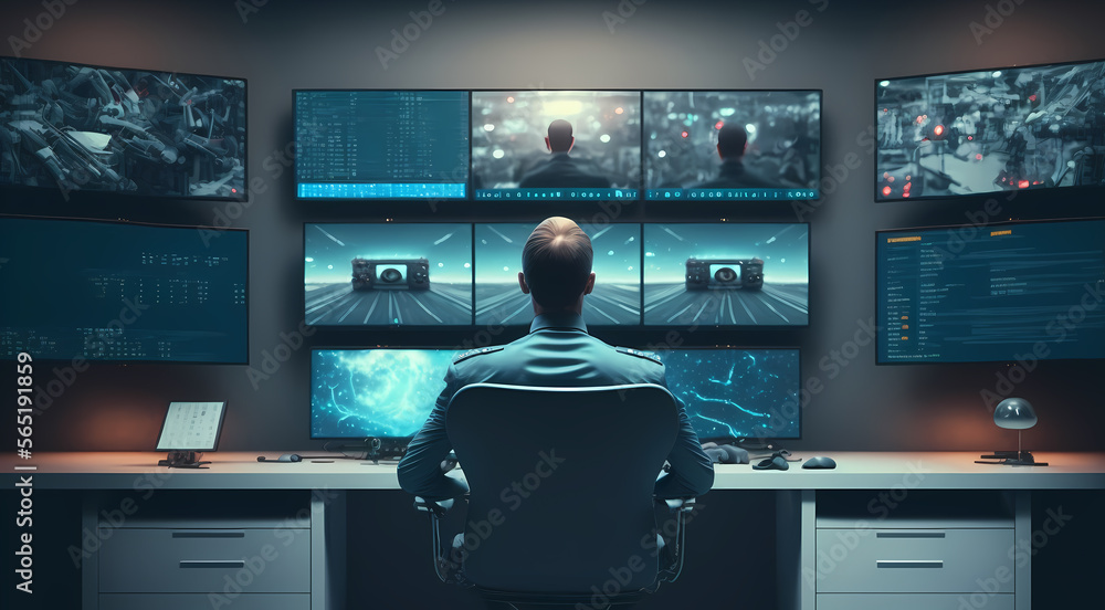 Military guard video call meeting Computer Screen CCTV cameras indoors. Surveillance army Center. Generation AI Military guard video call meeting Computer Screen CCTV cameras indoors. Surveillance army Center. Generation AI