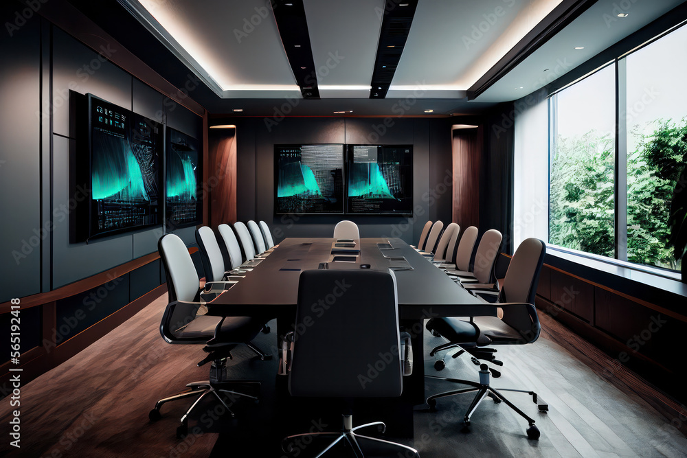 A modern board room with a large conference table at its center