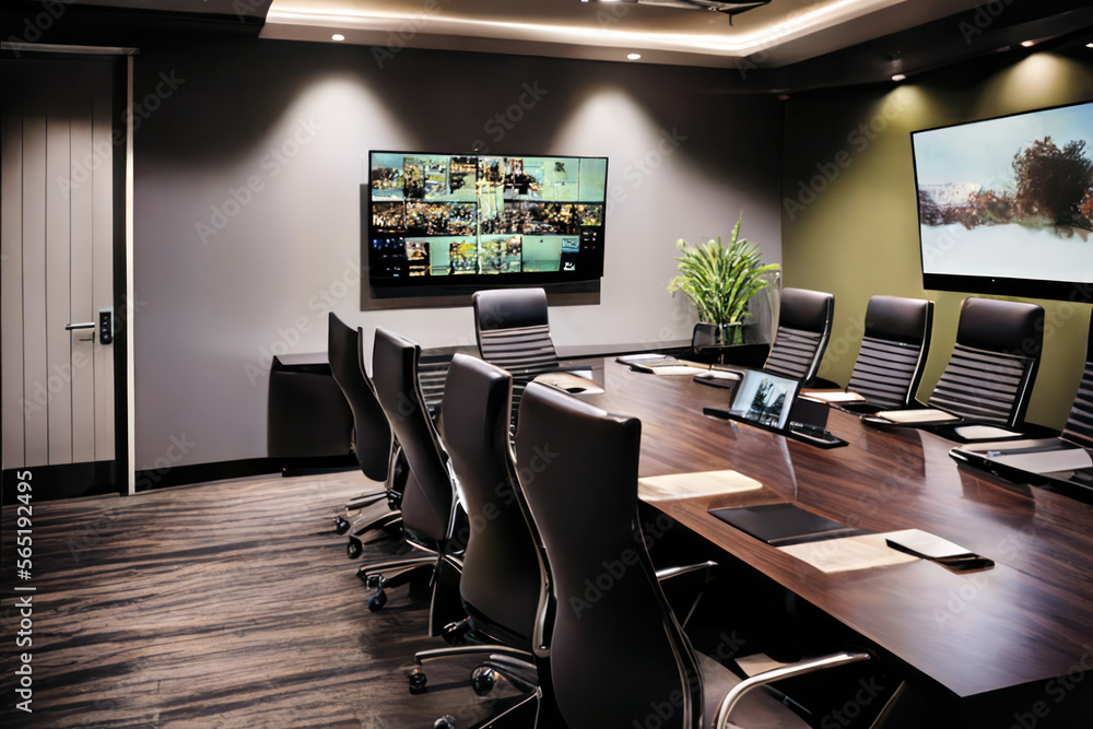 A modern board room with a large conference table at its center, surrounded  by comfortable chairs. The walls are adorned with high-tech presentation  screens and the latest audio-visual equipment. Stock Illustration |