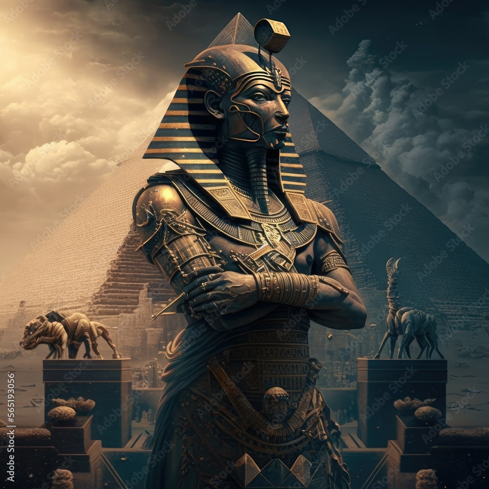 Ai Generated Image of Egyptian God Amun Ra, Ancient Egyptian Deity Ra with Pyramid - obrazy, fototapety, plakaty 