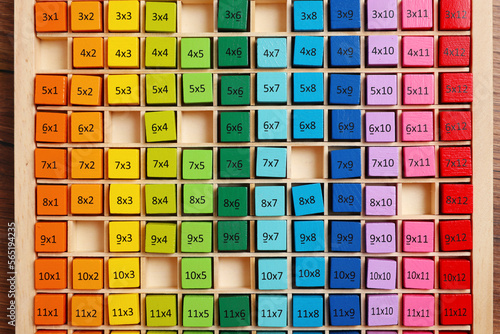 Colorful math game kit with arithmetical tasks on wooden table, top view