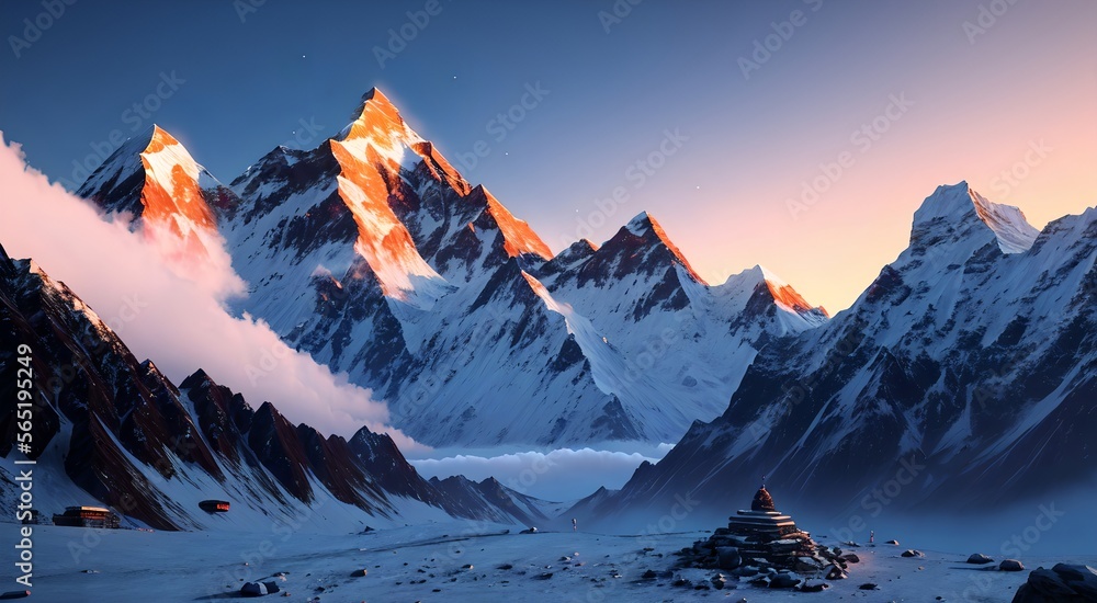 Majestic Mountain Landscapes: Snow-Capped Peaks and Tranquil Valleys in the Winter Wilderness
