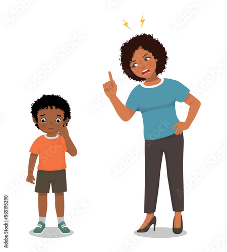 Angry African mother scolding her little son for bad behavior 