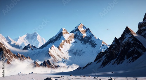 Majestic Mountain Landscapes: Snow-Capped Peaks and Tranquil Valleys in the Winter Wilderness