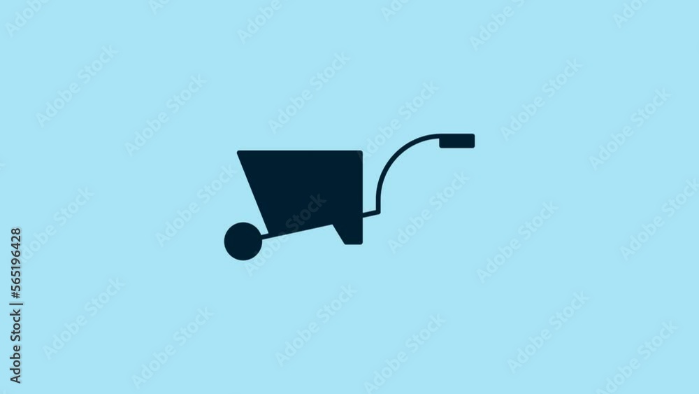 Blue Wheelbarrow icon isolated on blue background. Tool equipment. Agriculture cart wheel farm. 4K Video motion graphic animation Blue Wheelbarrow icon isolated on blue background. Tool equipment. Agriculture cart wheel farm. 4K Video motion graphic animation