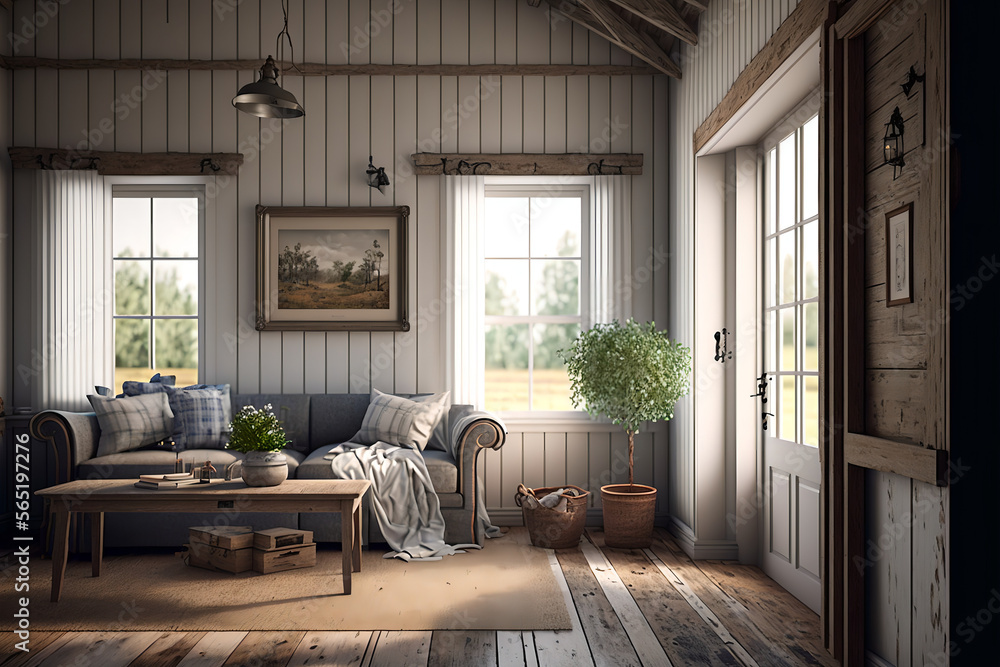 Cozy interior of a farmhouse living room, old wood floor. White walls ...