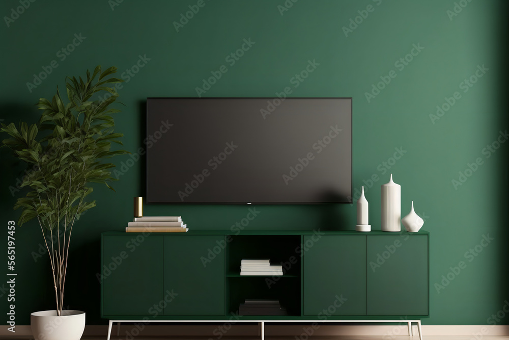 Front view Modern interior of green living room with Green cabinet ...