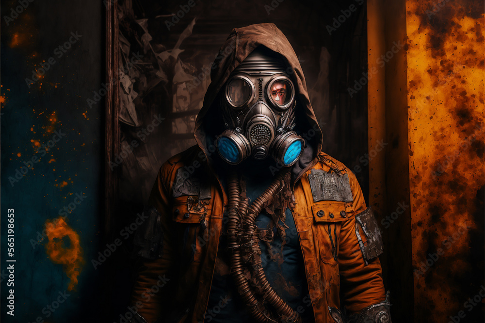 Man wearing a gas mask and a leather jacket - Generated by Generative AI Man wearing a gas mask and a leather jacket - Generated by Generative AI