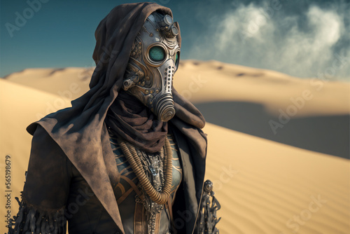 Man in a gas mask standing in the desert - Generated by Generative AI