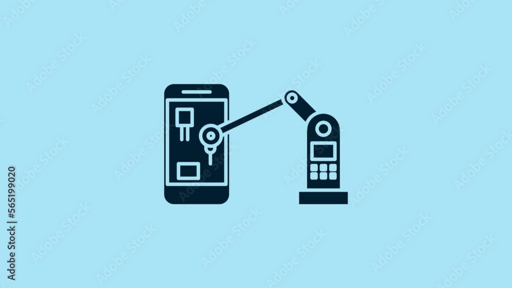 Blue Industrial machine robotic robot arm hand on mobile phone factory icon isolated on blue background. Industrial robot manipulator. 4K Video motion graphic animation Blue Industrial machine robotic robot arm hand on mobile phone factory icon isolated on blue background. Industrial robot manipulator. 4K Video motion graphic animation