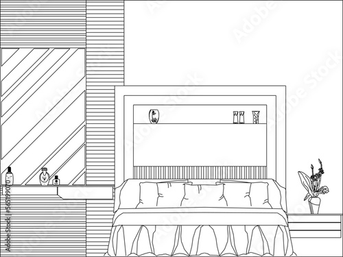 Vector sketch of modern minimalist bedroom interior illustration