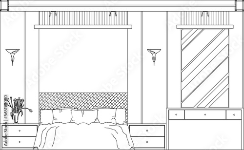 Vector sketch of modern minimalist bedroom interior illustration