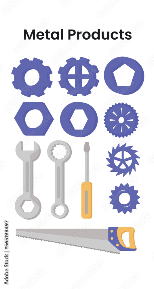 Metal products with gear, wrench, screwdriver, and nuts Metal products with gear, wrench, screwdriver, and nuts