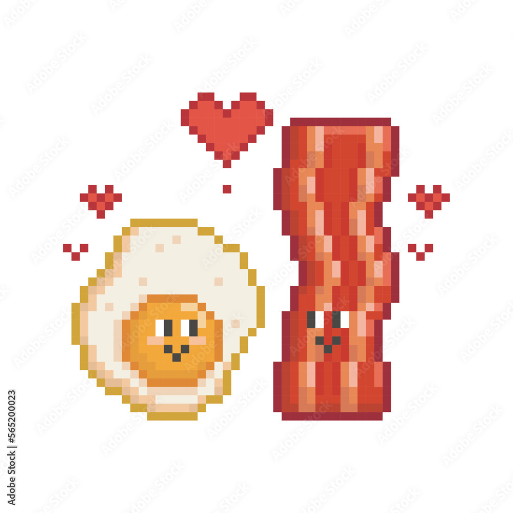 Fototapeta premium Fried egg and bacon, pixel art love