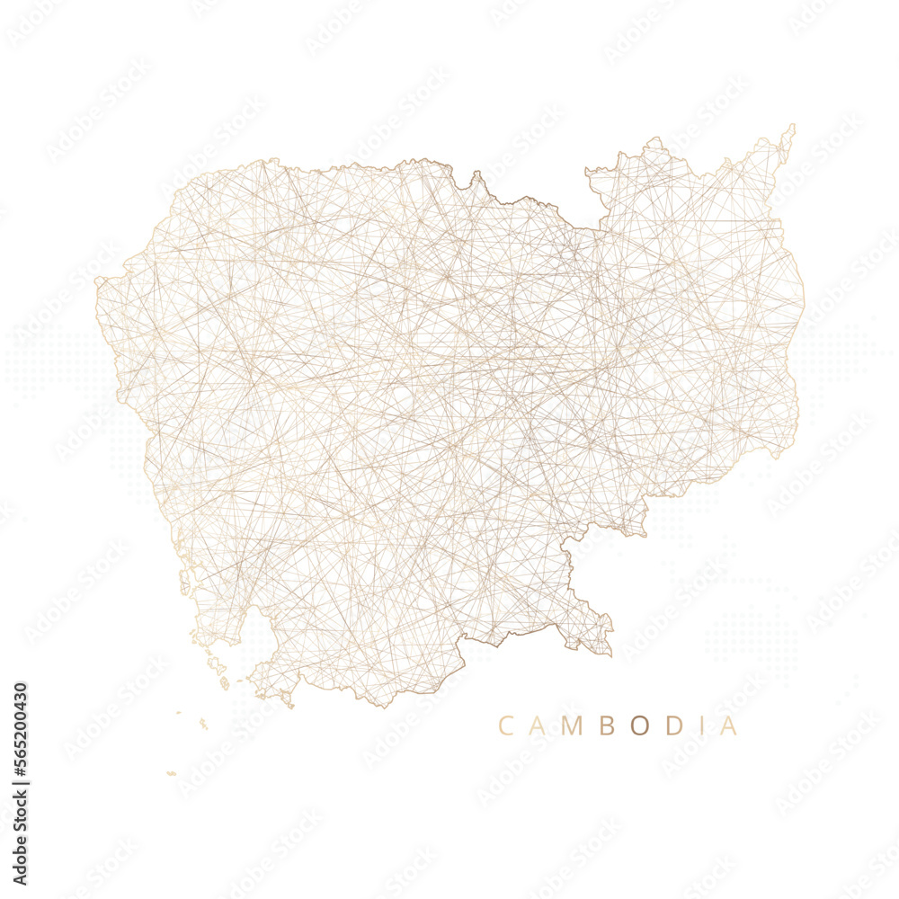Low poly map of Cambodia. Gold polygonal wireframe. Glittering vector with gold particles on white background. Vector illustration eps 10.