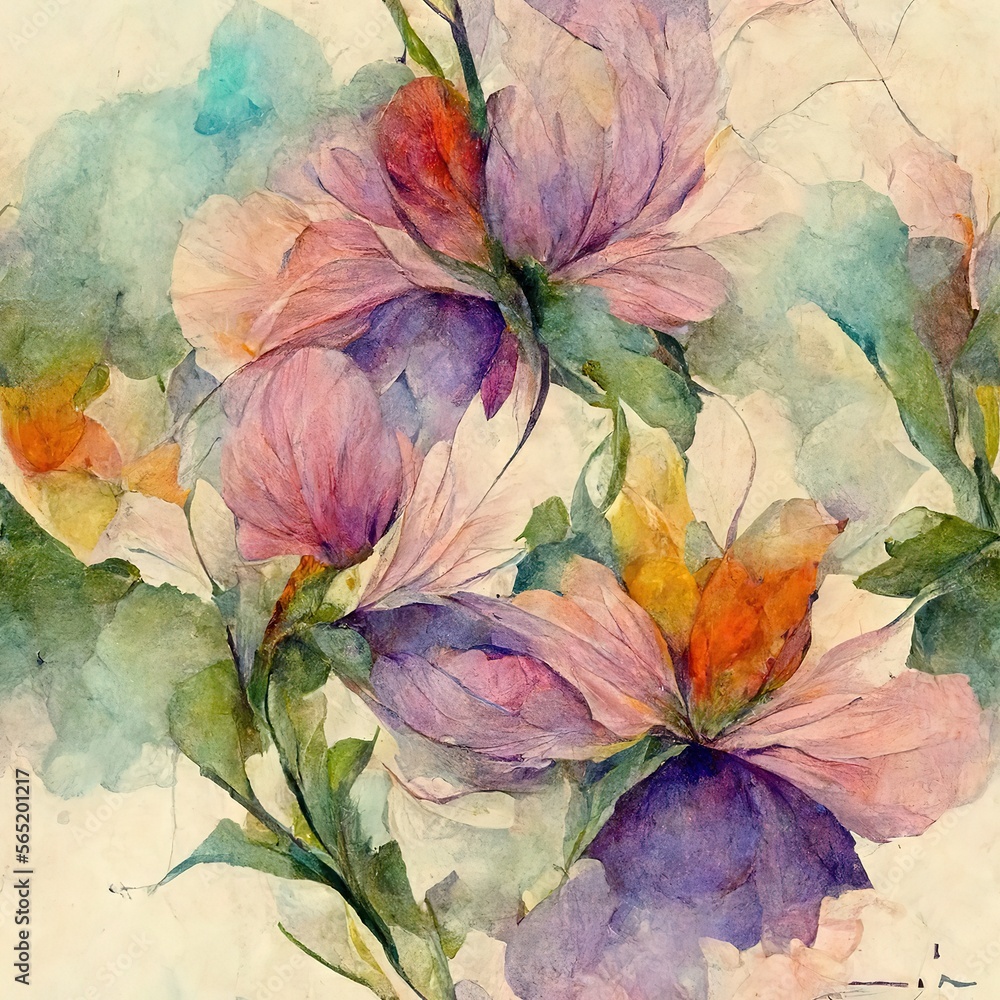 Multcolor flowers, watercolor, pattern, pastel color, Generative AI