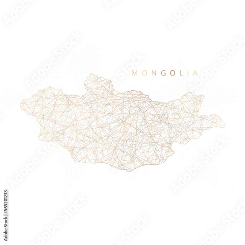 Low poly map of Mongolia. Gold polygonal wireframe. Glittering vector with gold particles on white background. Vector illustration eps 10.
