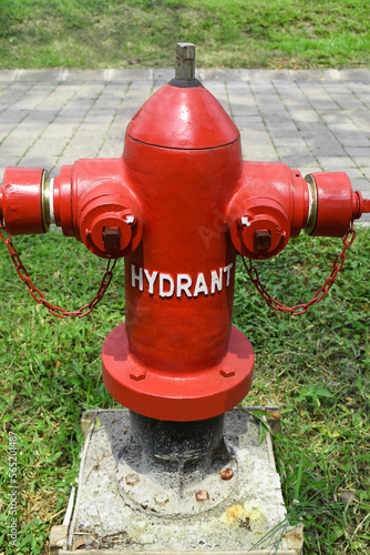 Bright red isolated fire hydrant being in the garden grass