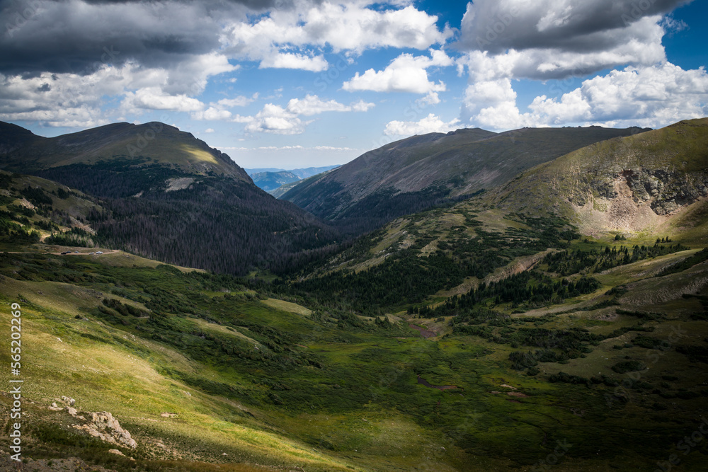 A view from the Alpine Vistor's Center at the valley below and distant peaks.  Rocky Mountain National Park, Colorado, USA.