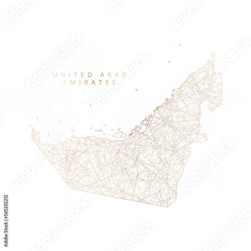Low poly map of United Arab Emirates. Gold polygonal wireframe. Glittering vector with gold particles on white background. Vector illustration eps 10.