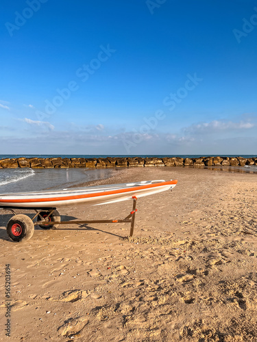 View of kayak on sea shore