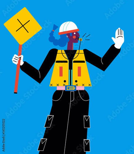 Woman construction worker holding a sign, directing a project or traffic, blowing a whistle. Working person modern street construction repair. Concept vector flat illustration isolated background. (ID: 565205022)