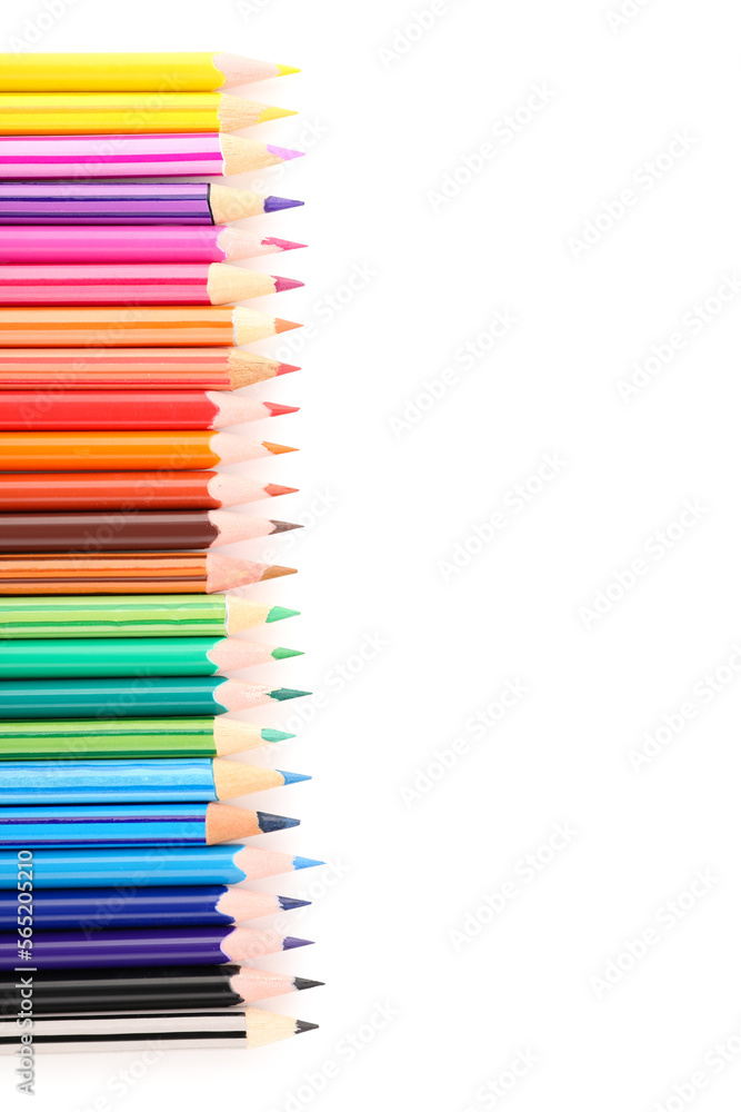 Set of colorful pencils on white background, top view Set of colorful pencils on white background, top view