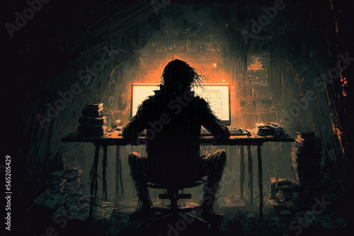 A computer hacker sitting in front of a computer in a dimly lit room - Generative AI
