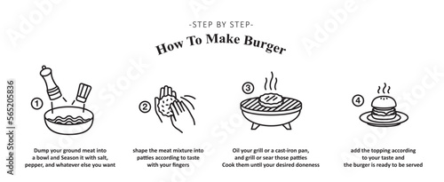 Infographics how to make burger. Cook burger instructions in line icon style. Step by step cook rice. Vector illustration