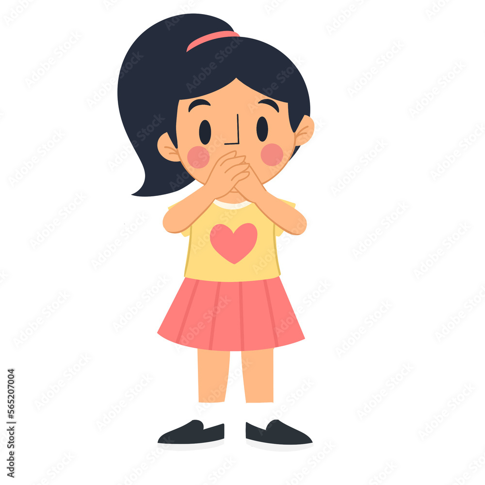 Illustration of little girl covering mouth with hands
