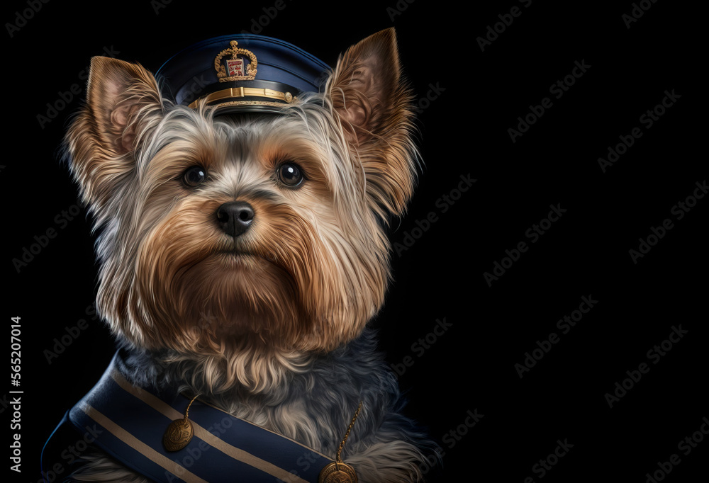 Yorkshire Terrier pet dog well groomed and dressed up in in navy uniform.  Tiny Yorki puppy is wearing a blue hat and sash with a couple of buttons.  Image on a dark background  generative ai 