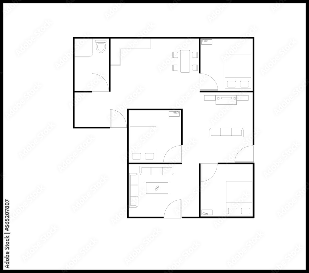 House plan with furniture three bedroom isolated on white background vector House plan with furniture three bedroom isolated on white background vector
