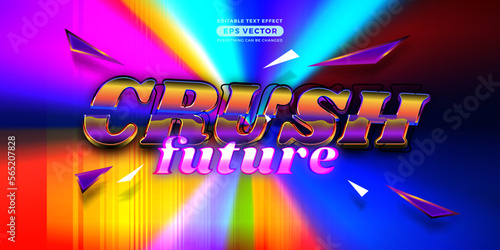 Crush future editable text style effect in retro look design with experimental background ideal for poster, flyer, logo, social media post and banner template promotion
