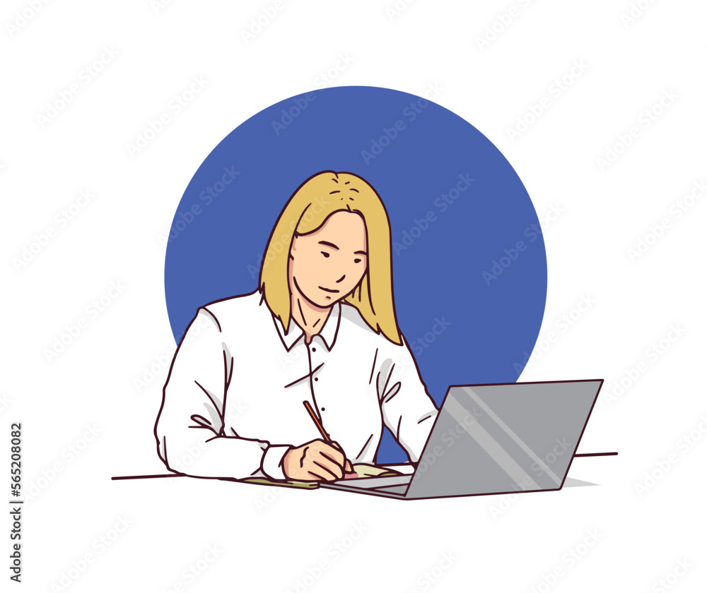 Women use laptops for various needs. Hand drawn style vector design illustrations. Women use laptops for various needs. Hand drawn style vector design illustrations.